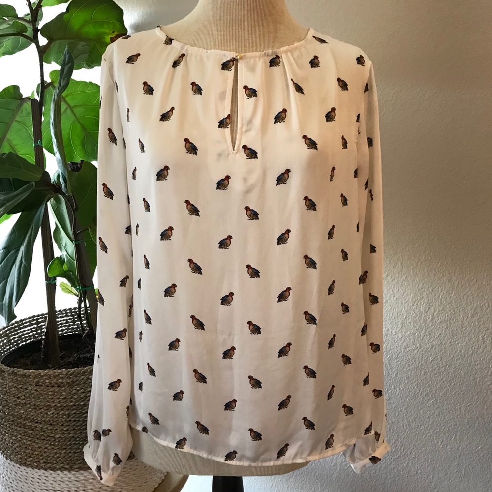 Ivory Satin Blouse with Little Birds Print